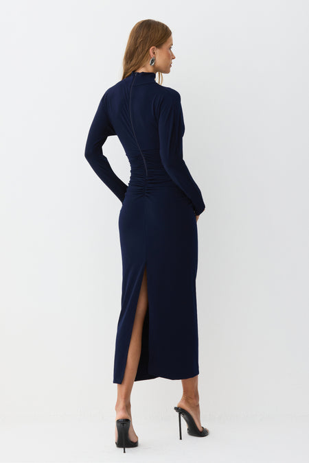 VESTIDO MIDI GOLA ALTA FRANZIDOS LATERAIS E COSTAS AZUL MARINHO