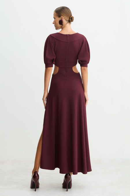 VESTIDO MIDI MANGAS CURTAS AMPLAS ABERTURAS LATERAIS VINHO