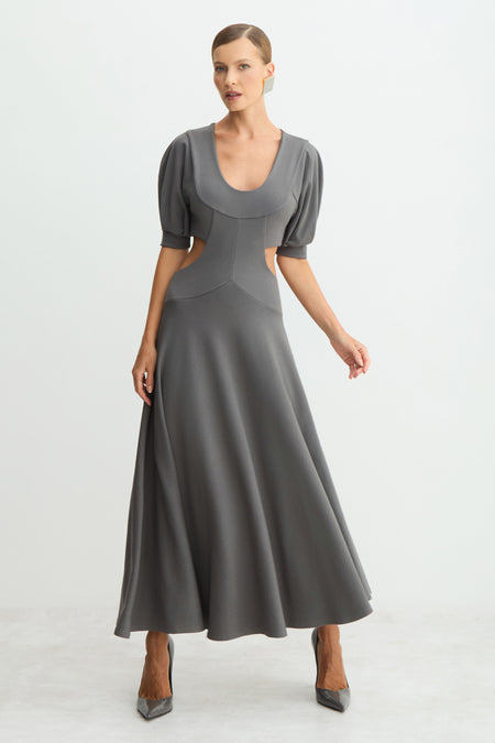 VESTIDO MIDI MANGAS CURTAS AMPLAS ABERTURAS LATERAIS CINZA