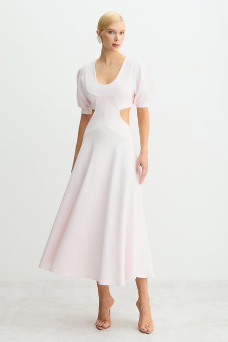 VESTIDO MIDI MANGAS CURTAS AMPLAS ABERTURAS LATERAIS ROSA CELESTIAL