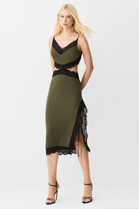 VESTIDO MIDI AMARRACAO LATERAL PERNA E COSTAS VERDE MILITAR ESCURO