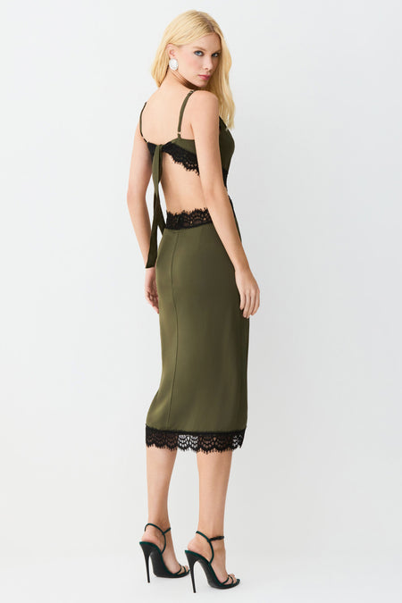 VESTIDO MIDI AMARRACAO LATERAL PERNA E COSTAS VERDE MILITAR ESCURO