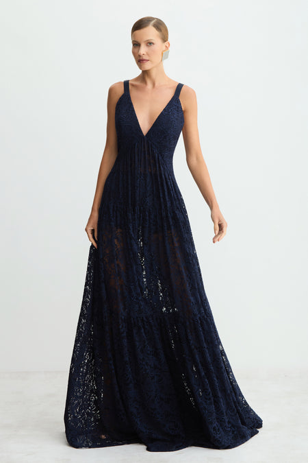 VESTIDO LONGO DECOTE V PROFUNDO EM RENDA BARRA AMPLA AZUL MARINHO