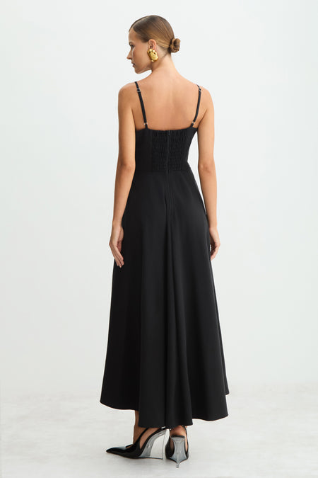 VESTIDO MIDI RENDA BUSTO COM SOBREPOSICAO SAIA PRETO