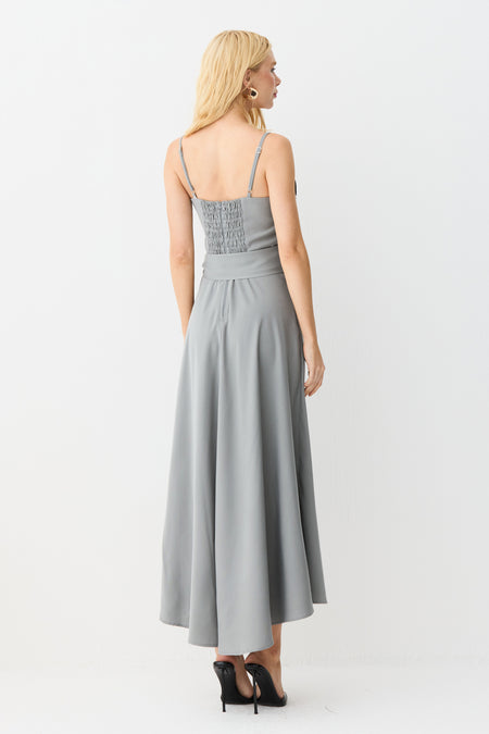 VESTIDO MIDI RENDA BUSTO COM SOBREPOSICAO SAIA CINZA MINERIO