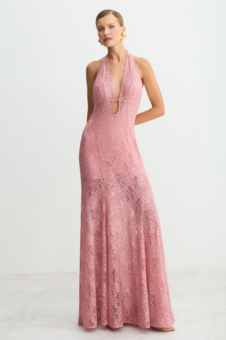 VESTIDO MIDI FRENTE UNIICA DECOTE PROFUNDO EM RENDA BLUSH