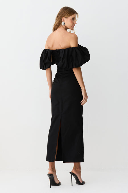 VESTIDO MIDI OMBRO A OMBRO MANGAS BUFANTES ESTRUTURADO PRETO