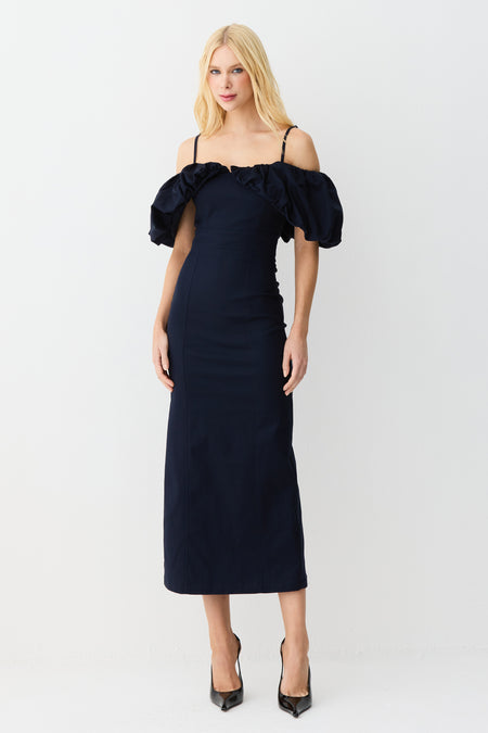 VESTIDO MIDI OMBRO A OMBRO MANGAS BUFANTES ESTRUTURADO AZUL MARINHO