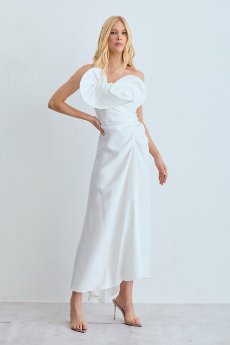 VESTIDO MIDI DECOTE ASSIMETRICO ESTRUTURADO OFF WHITE