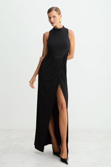 VESTIDO MIDI ESTRUTURADO SAIA TULIPA GOLA MEDIA PRETO