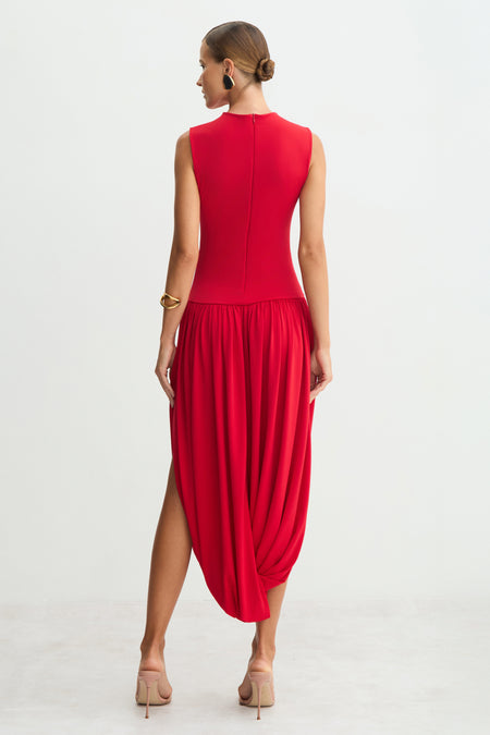 VESTIDO MIDI SAIA BALONE COM TRANSPASSE E ABERTURA VERMELHO