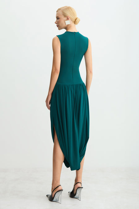 VESTIDO MIDI SAIA BALONE COM TRANSPASSE E ABERTURA VERDE PETROLEO