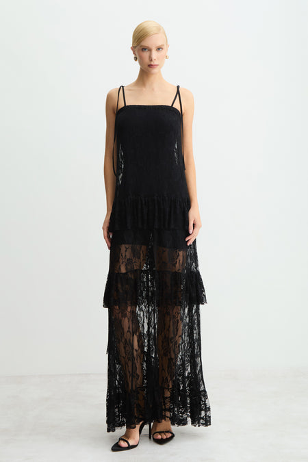 VESTIDO MIDI ALONGADO RETO COM BABADOS EM RENDA PRETO