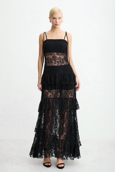 VESTIDO MIDI ALONGADO RETO COM BABADOS EM RENDA PRETO