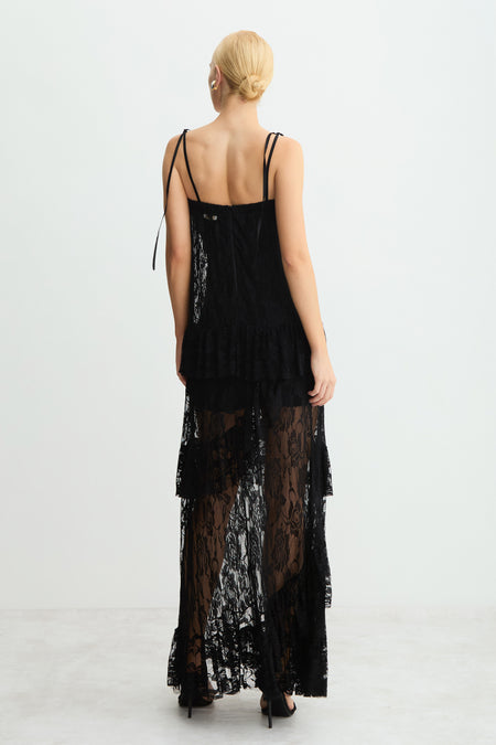 VESTIDO MIDI ALONGADO RETO COM BABADOS EM RENDA PRETO