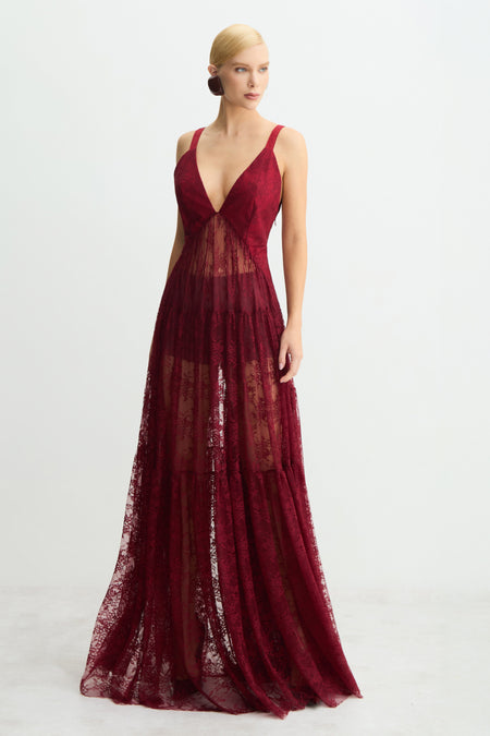 VESTIDO LONGO ALCAS LARGAS COM DECOTE V EM RENDA VINHO