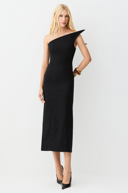 VESTIDO MIDI RECORTE ASSIMETRICO ESTRUTURADO DECOTE PRETO