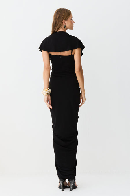 VESTIDO MIDI DECOTE V COM FRANZIDOS E VOLUME CENTRAL PRETO