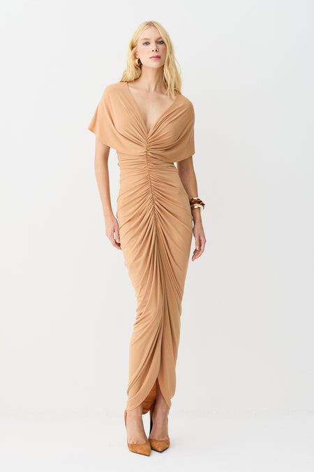 VESTIDO MIDI DECOTE V COM FRANZIDOS E VOLUME CENTRAL LARANJA PESSEGO