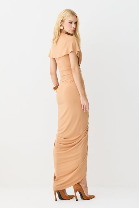 VESTIDO MIDI DECOTE V COM FRANZIDOS E VOLUME CENTRAL LARANJA PESSEGO