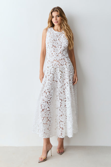 VESTIDO MIDI REGATA COM BARRA AMPLA EM TULE BORDADO OFF WHITE