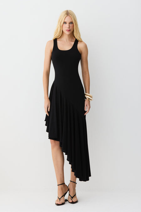 VESTIDO MIDI BARRA ASSIMETRICA COM FLUIDEZ PRETO