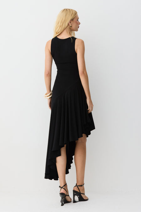 VESTIDO MIDI BARRA ASSIMETRICA COM FLUIDEZ PRETO