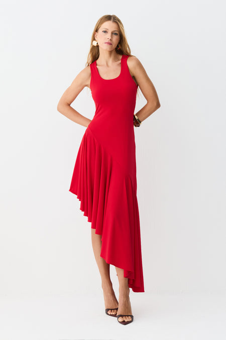 VESTIDO MIDI BARRA ASSIMETRICA COM FLUIDEZ VERMELHO