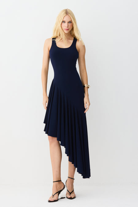 VESTIDO MIDI BARRA ASSIMETRICA COM FLUIDEZ AZUL MARINHO