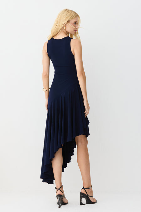 VESTIDO MIDI BARRA ASSIMETRICA COM FLUIDEZ AZUL MARINHO