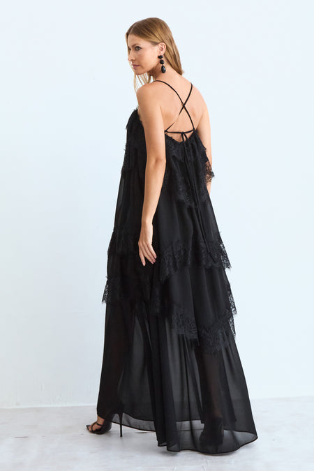 VESTIDO MIDI BABADOS COM DETALHE RENDA BARRA PRETO