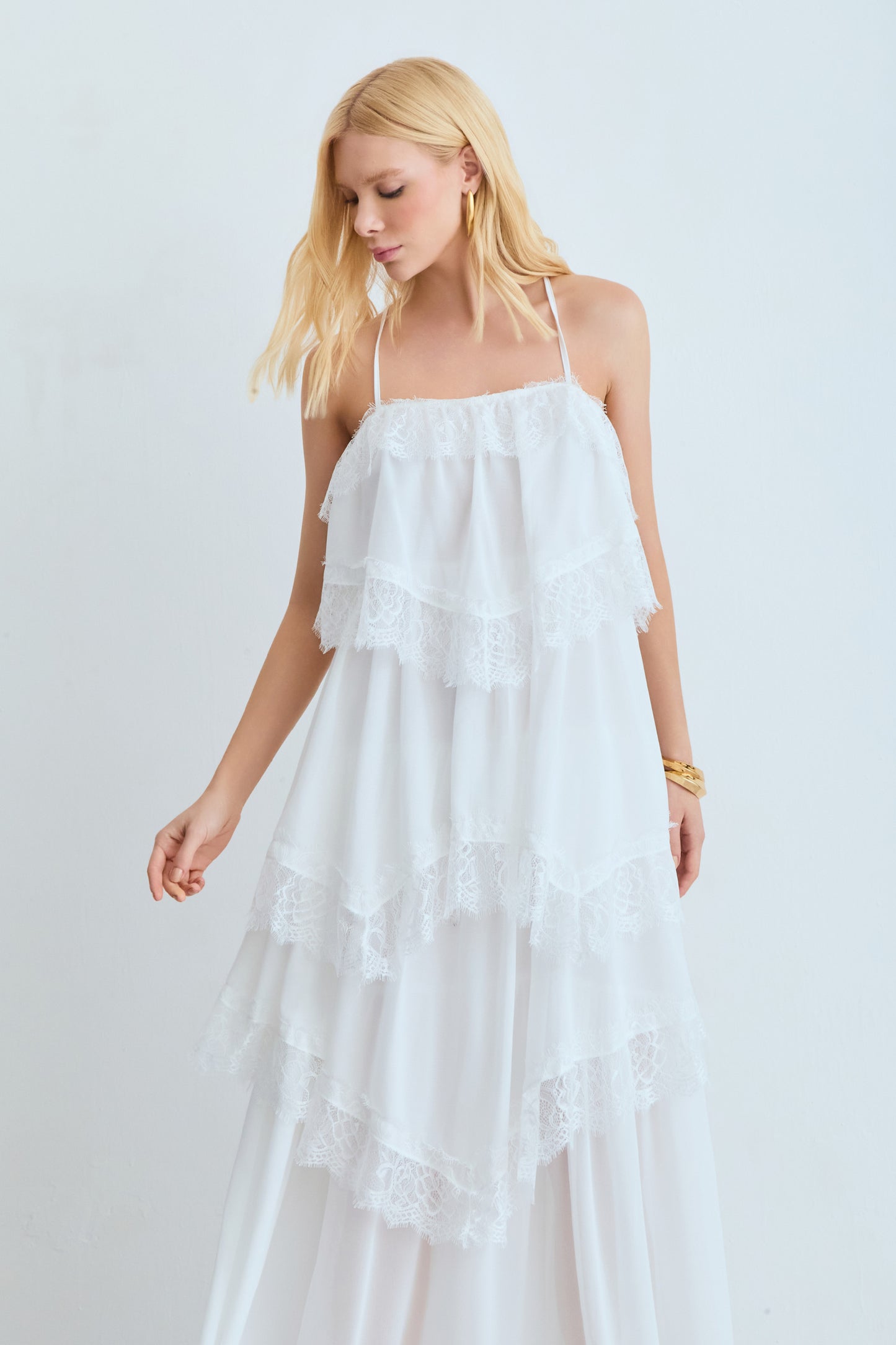 VESTIDO MIDI BABADOS COM DETALHE RENDA BARRA OFF WHITE
