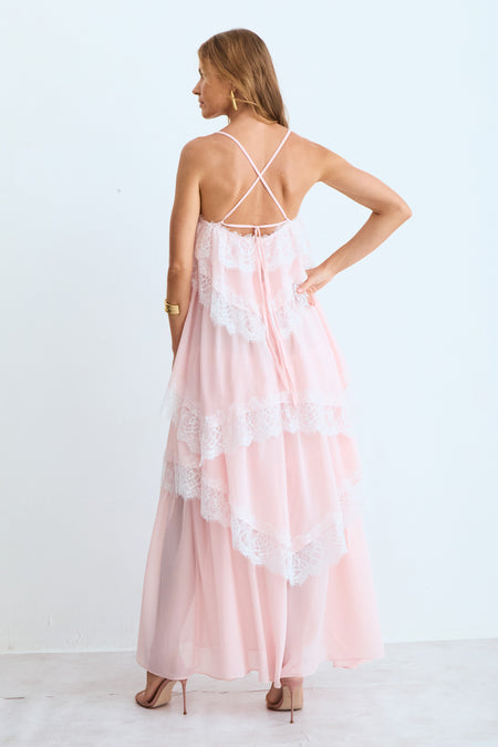 VESTIDO MIDI BABADOS COM DETALHE RENDA BARRA ROSA SUSPIRO