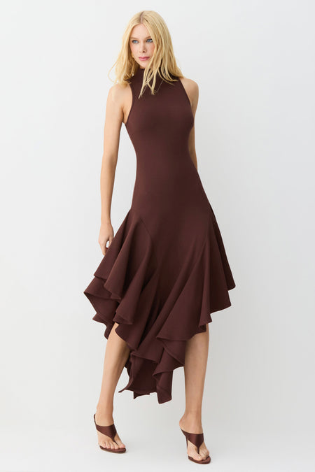 VESTIDO MIDI GOLA ALTA BABADOS ASSIMETRICOS BARRA MARROM ESCURO