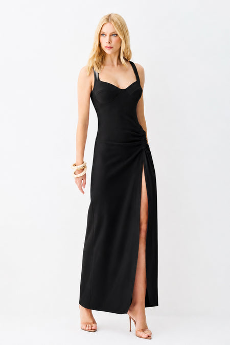 VESTIDO MIDI TORCAO LATERAL RECORTE BUSTO PRETO