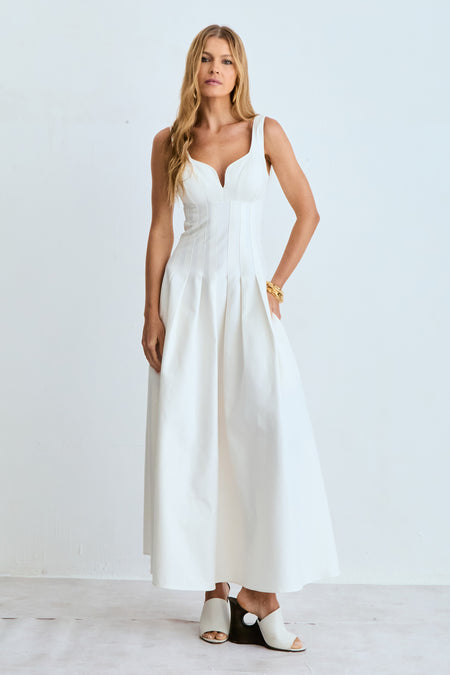 VESTIDO MIDI RECORTE V BUSTO E PREGAS NA SAIA OFF WHITE