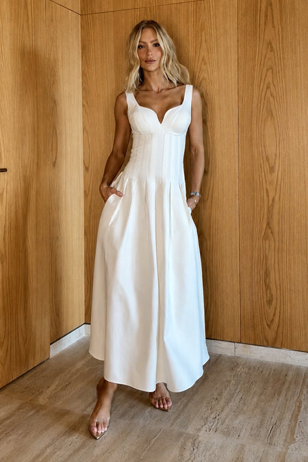 VESTIDO MIDI RECORTE V BUSTO E PREGAS NA SAIA OFF WHITE