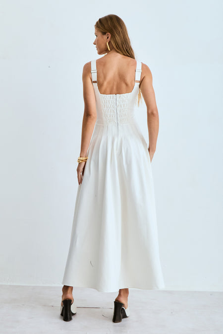 VESTIDO MIDI RECORTE V BUSTO E PREGAS NA SAIA OFF WHITE