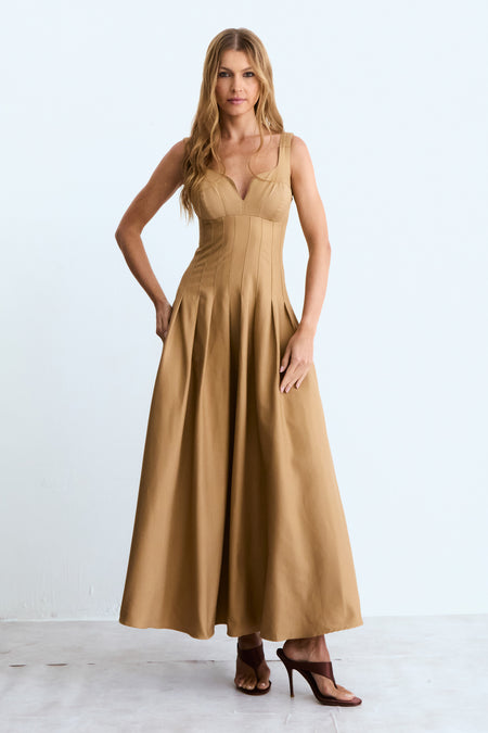 VESTIDO MIDI RECORTE V BUSTO E PREGAS NA SAIA KAKI