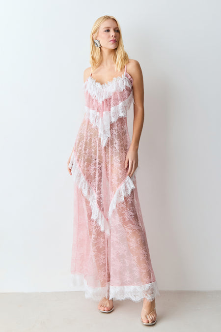 VESTIDO MIDI ALONGADO EM RENDA SOPREPOSICAO BUSTO ROSA BEBE