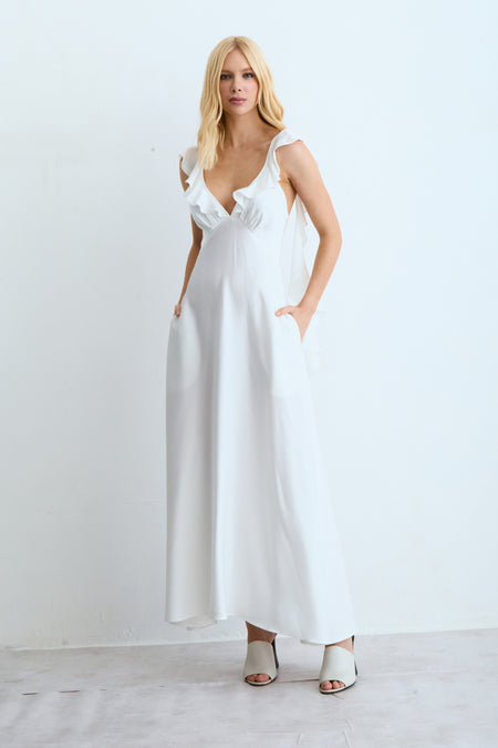 VESTIDO MIDI BABADOS FLUIDOS DECOTE E COSTAS DECOTE V OFF WHITE
