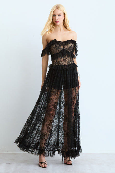 VESTIDO MIDI EM RENDA COM DETALHES ALCAS E DECOTE PRETO