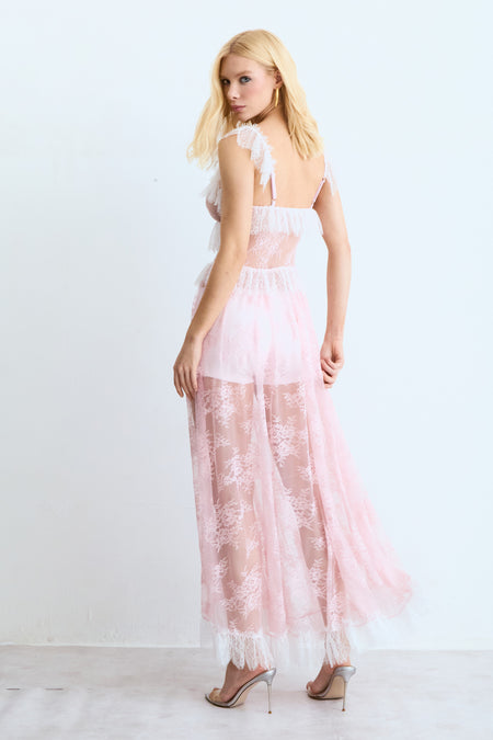 VESTIDO MIDI EM RENDA COM DETALHES ALCAS E DECOTE ROSA BEBE