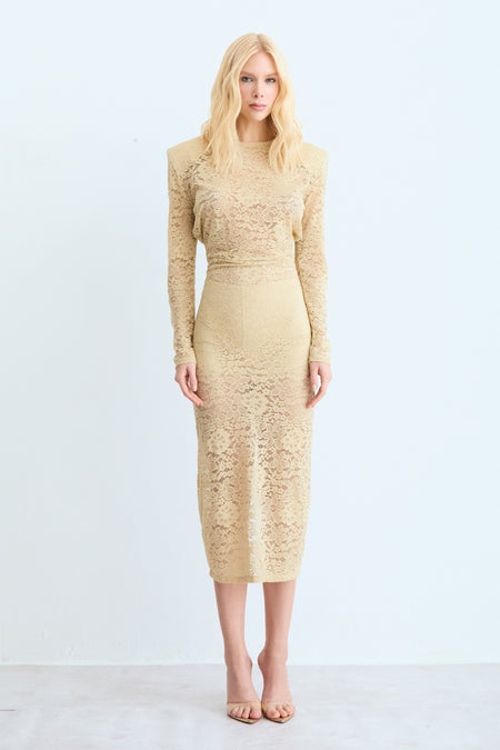 VESTIDO MIDI EM RENDA COM OMBREIRAS E MANGA LONGA BEGE MEL