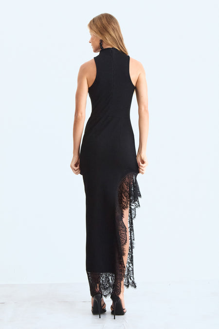 VESTIDO MIDI ALONGADO COM FENDA E BARRA DETALHE RENDA PRETO