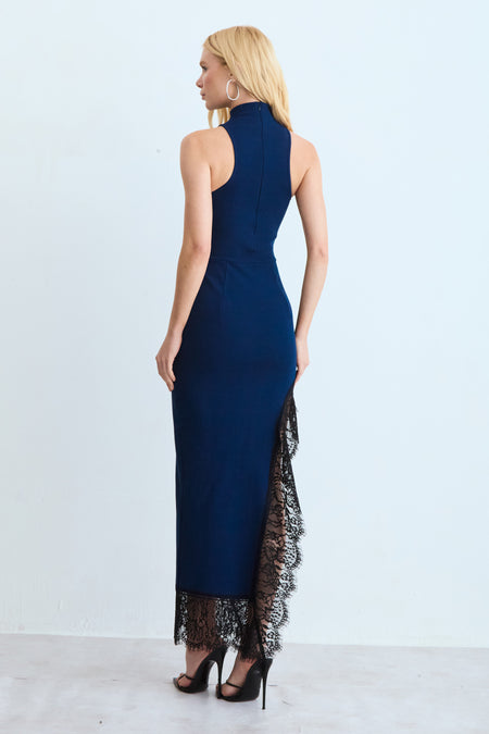 VESTIDO MIDI ALONGADO COM FENDA E BARRA DETALHE RENDA AZUL MARINHO ESCURO
