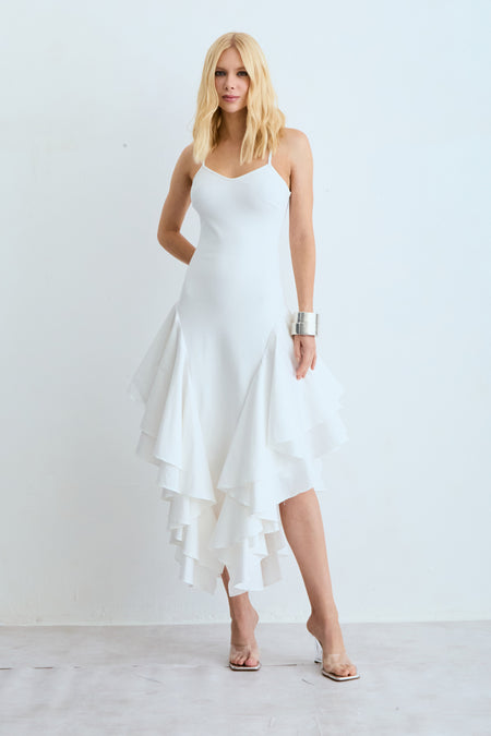 VESTIDO MIDI ALCA FINA BARRA ASSIMETRICA COM VOLUME OFF WHITE