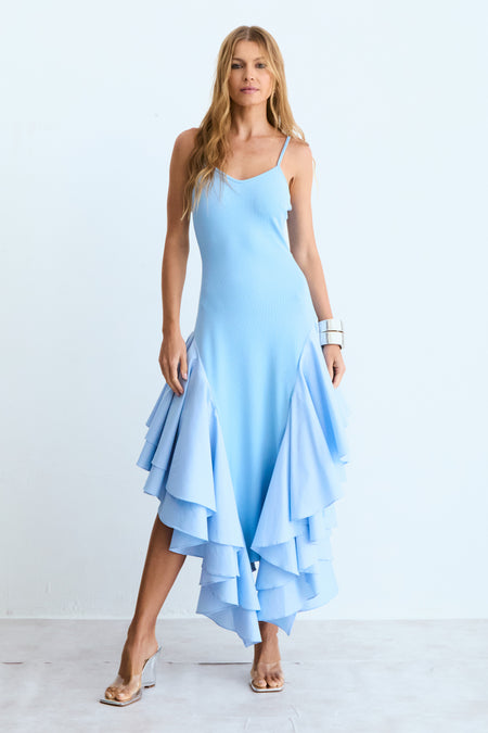 VESTIDO MIDI ALCA FINA BARRA ASSIMETRICA COM VOLUME AZUL BEBE