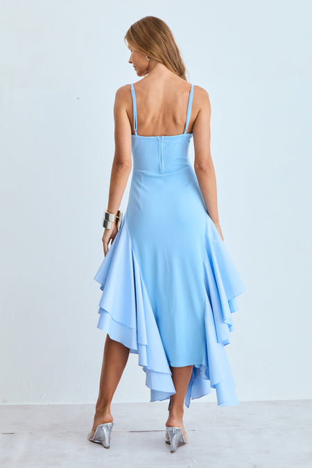 VESTIDO MIDI ALCA FINA BARRA ASSIMETRICA COM VOLUME AZUL BEBE