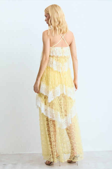 VESTIDO MIDI EM RENDA COM BABADOS COM AMARRACAO AMARELO